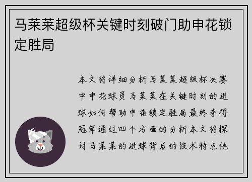 马莱莱超级杯关键时刻破门助申花锁定胜局 马莱莱超级杯关键时刻破门助申花锁定胜局