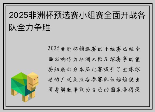 2025非洲杯预选赛小组赛全面开战各队全力争胜